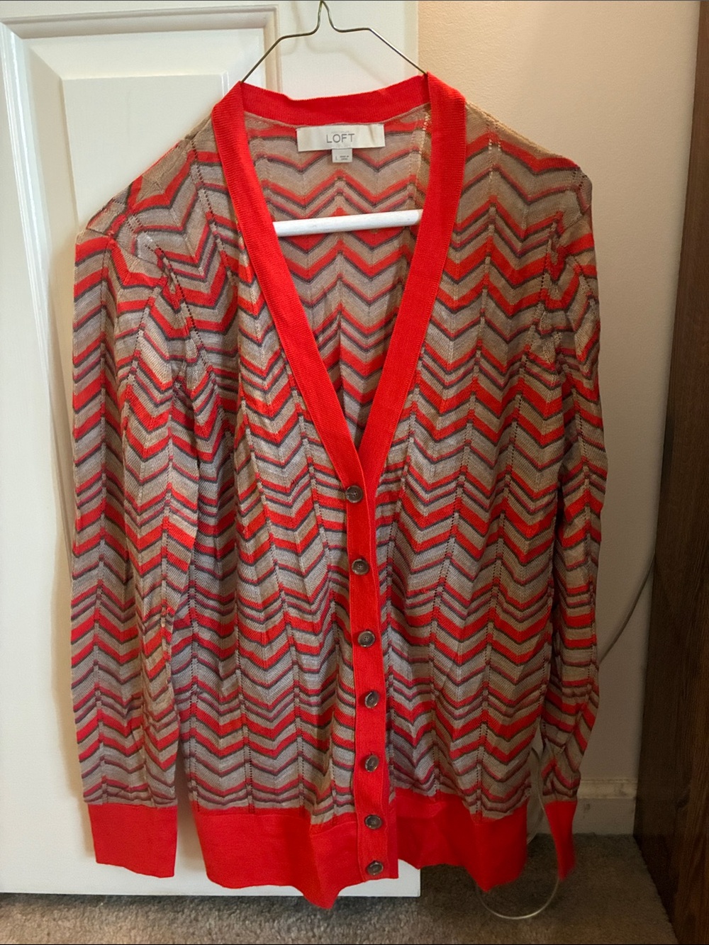 LOFT Coral Red and Tan Chevron Knit Cardigan